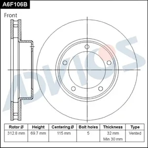 ADVICS A6F106B Диск тормозной Lexus Toyota Land Cruiser J100LX470 98- перед.