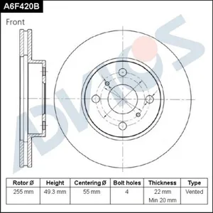 ADVICS A6F420B Торм.диск пер.[255x22] Toyota Corolla (E12)1.3-1.8 01-07 Verso 1.8 01->