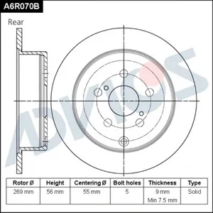ADVICS A6R070B Тормозной диск Toyota Celica PRIUS задн. D 269ММ -07 1.51.8