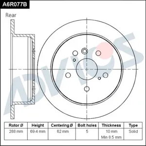 ADVICS A6R077B Диск тормозной Lexus Toyota Harrier RX U30 03- задн.