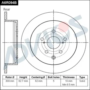 ADVICS A6R094B Диск тормозной Lexus Toyota RX GGL10 Highlander 08- задн.