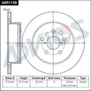 ADVICS A6R113B Диск тормозной зад.