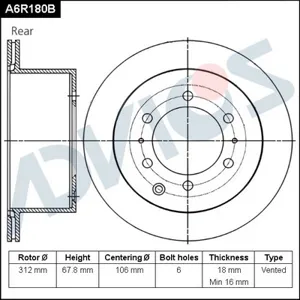 ADVICS A6R180B Диск тормозной Lexus Toyota Land Cruiser Prado GX470 02- задн.