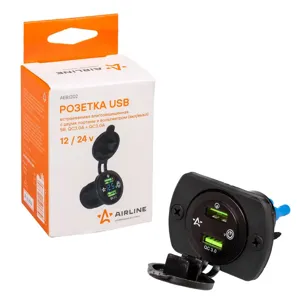 AIRLINE AEBJ202 Розетка USB встраиваемая влагозащ. с 2 портами и вольтметр. (вкл/выкл) (5В  QC3.0+QC3.0) (AEBJ202)