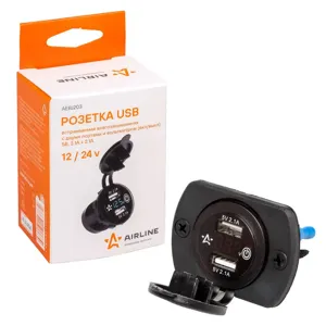 AIRLINE AEBJ203 Розетка USB встраиваемая влагозащ. с 2 портами и вольтметром (вкл/выкл) (5В. 2.1А + 2.1А)