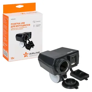 AIRLINE AEBJ208 Розетка USB для мотоциклов с вольтметром и прикуривателем (5В, 2.1А+2.1А) (вкл/выкл) (AEBJ208)