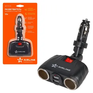 AIRLINE ASP2TU08 Прикуриватель-разветвитель трансформер 2 гнезда + 2USB  штекер-фиксатор (ASP-2TU-08)