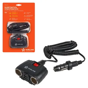 AIRLINE ASP2U11 Прикуриватель-разветвитель 2 гнезда + 2USB с витым шнуром  штекер-фиксатор (ASP-2U-11)
