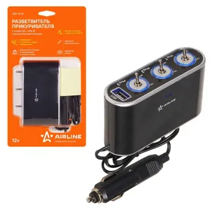 AIRLINE ASP3S15 Прикуриватель-разветвитель 3 гнезда 5А + USB 1A, с выключателями нагрузки