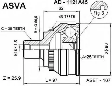ASVA AD1121A45 Шрус наружный 25x60x38