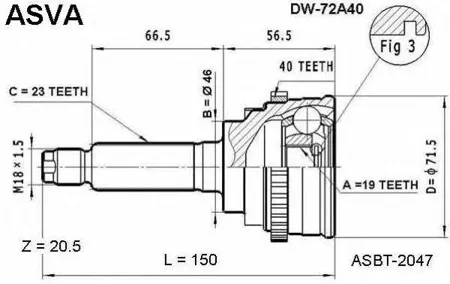 ASVA DW72A40 Шрус Daewoo Matiz наружн. 19x46x23