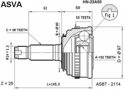 ASVA HN22A50 Шрус наружный 32x60x28