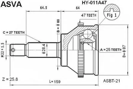 ASVA HY011A47 ШРУС HYUNDAI/KIA наружн. 25x60x27