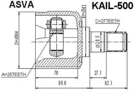ASVA KAIL500 ШРУС HYUNDAI/KIA TUCSON 04- внутр. лев. 25x41x27