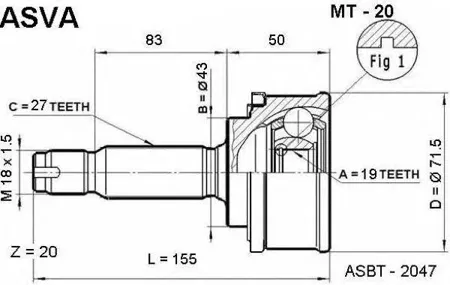 ASVA MT20 Шрус наружный 19x43x27 ( Mitsubishi : MINICA)
