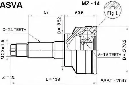 ASVA MZ14 ШРУС наружный 19x52x24