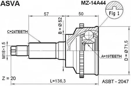 ASVA MZ14A44 Шрус наружный передний с кольцом ABS