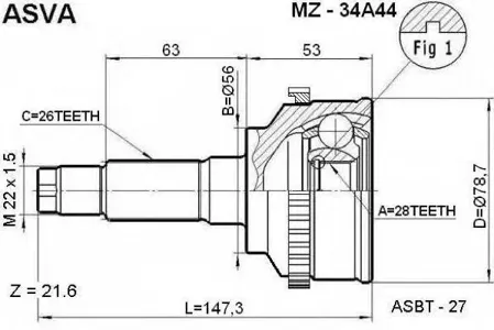 ASVA MZ34A44 ШРУС MAZDA PREMACY/IXION -05 наруж.