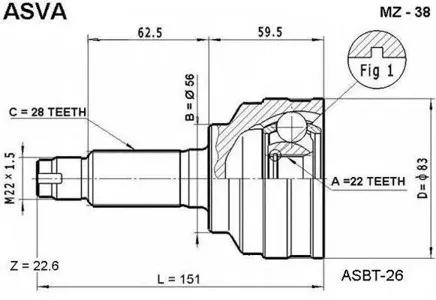ASVA MZ38 ШРУС MAZDA/KIA 626/SPECTRA -02/02- наружн. 22x56x28