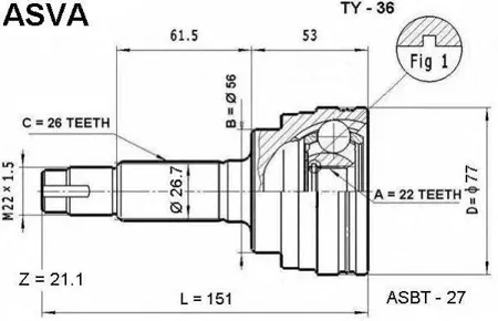 ASVA TY36 Шрус наружный 22x56x26