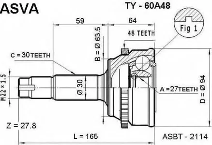 ASVA TY60A48 Шрус наружный 27x63.5x30