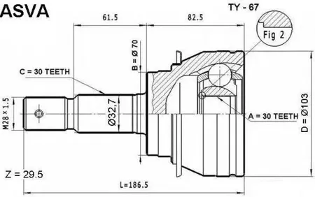 ASVA TY67 Шрус Toyota LC120 наружн. 30x70x30
