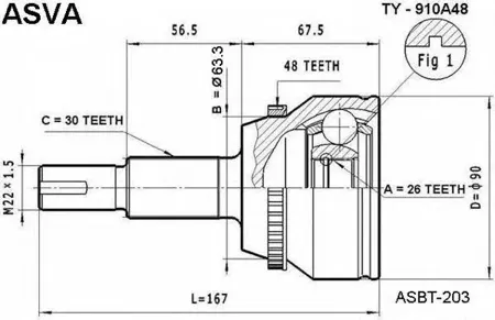 ASVA TY910A48 Шрус наружный 26x63.3x30