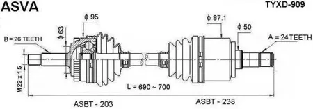 ASVA TYXD909 Привод левый 24x690x26