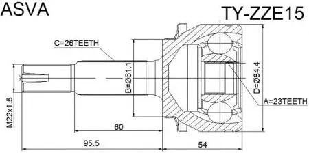 ASVA TYZZE15 ШРУС TOYOTA COROLLA 06- наружн. 23x61x26