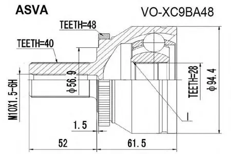 ASVA VOXC9BA48 Шрус передний 28x56,9x40