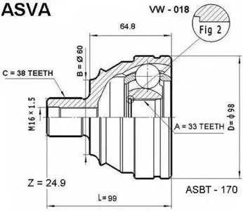 ASVA VW018 Шрус наружный 33X60X38