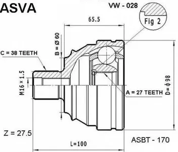 ASVA VW028 Шрус наружный 27x60x38