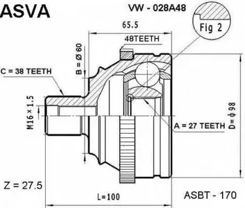 ASVA VW028A48 Шрус наружный 27x60x38