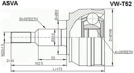 ASVA VWT52 Шрус наружный 29x63x38