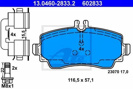 ATE 13046028332 Колодки торм.передние =650 00=571944B Mercedes W168 1.4-2.1 97>