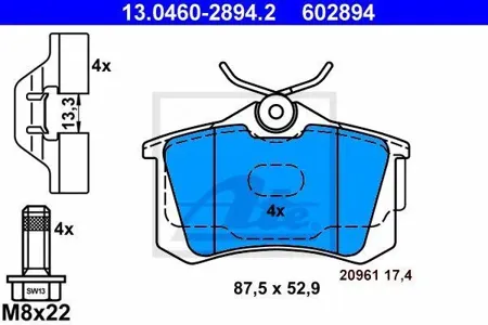 ATE 13046028942 Колодки торм.задние =FDB1637=263 41 Audi A3, VW Golf 1.4FSi1.6FSi1.9TDi2.0TDi 03>