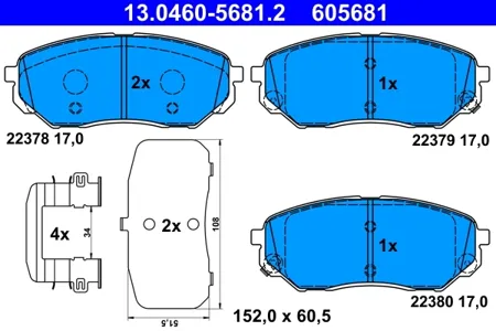 ATE 13046056812 Колодки торм.передние с антискрип. пластинами Kia Carnival 2.7i V62.9CRDi 06>