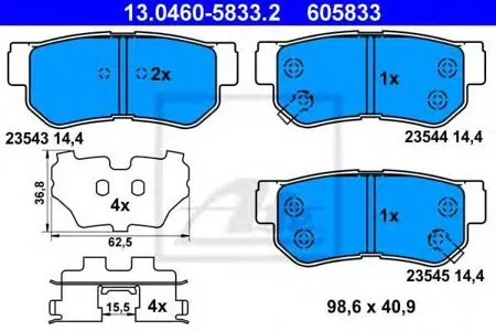 ATE 13046058332 Колодки торм.задние Hyundai Santa Fe 2.4i2.7 V62.0CRDi 01>