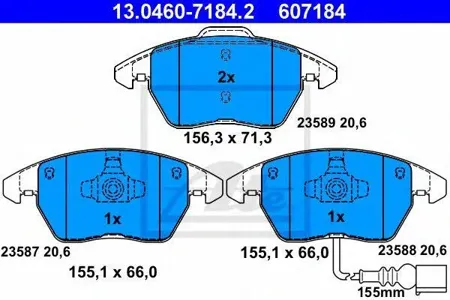 ATE 13046071842 Колодки торм.передние с ушками VW Polo sedan (10-), Passat B6,B7,CC Skoda Rapid , Octavia Audi A1,A3,TT