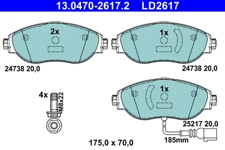 ATE 13047026172 Колодки (Ceramic) Audi A3 Hatchback 8V (2012-),Q3 F3B (2018-),Q3 Sport back F3N (2019-) Skoda Kodiaq