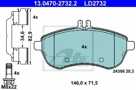 ATE 13047027322 Колодки торм.передние Mercedes W204 1.8-2.3 07>