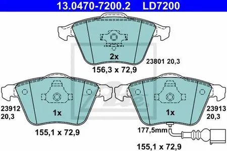 ATE 13047072002 Колодки торм.передние Ceramic Audi A3 Sport back 1.83.2i V62.0TDi 03>