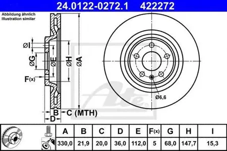 ATE 24012202721 Диск торм.задний вентилир. Audi A4A5S5A6A7A8Q5 1.83.22.0TDI3.0TDI 09>