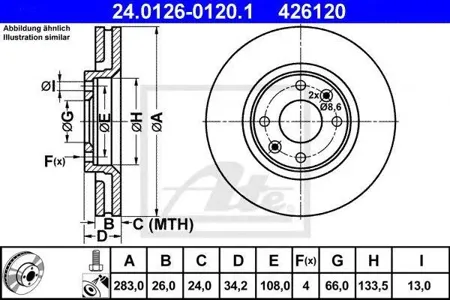 ATE 24012601201 Диск торм.перед. Citroen C5, Peugeot 307 1.4-2.0HDi 00>