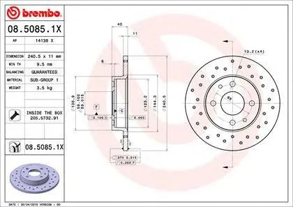 BREMBO 0850851X Диск тормозной перфорированный
