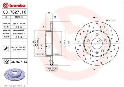 BREMBO 0876271X Диск тормозной Opel Astra H Corsa C 04- зад.вент. (С ПЕРФОРАЦИЕЙ)