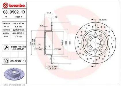BREMBO 0895021X Диск тормозной VAG A3 Octavia Yeti Golf 5 Golf 6 Jetta 4 03- зад.вент. (С ПЕРФОРАЦИЕЙ)