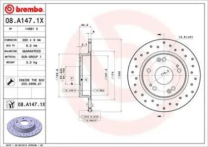 BREMBO 08A1471X Диск тормозной 08.A147.1X задний перфорированный Xtra Honda Civic VII 1.31.41.82.2CTDi 06>