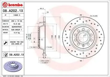 BREMBO 08A2021X Диск тормозной 08.A202.1X задний перфорированный Xtra VW Passat 1.62.0FSITDI05>