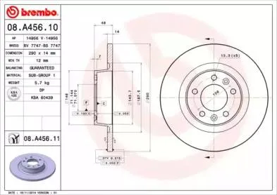 BREMBO 08A45610 Диск торм. зад.[290x14] 5 отв.